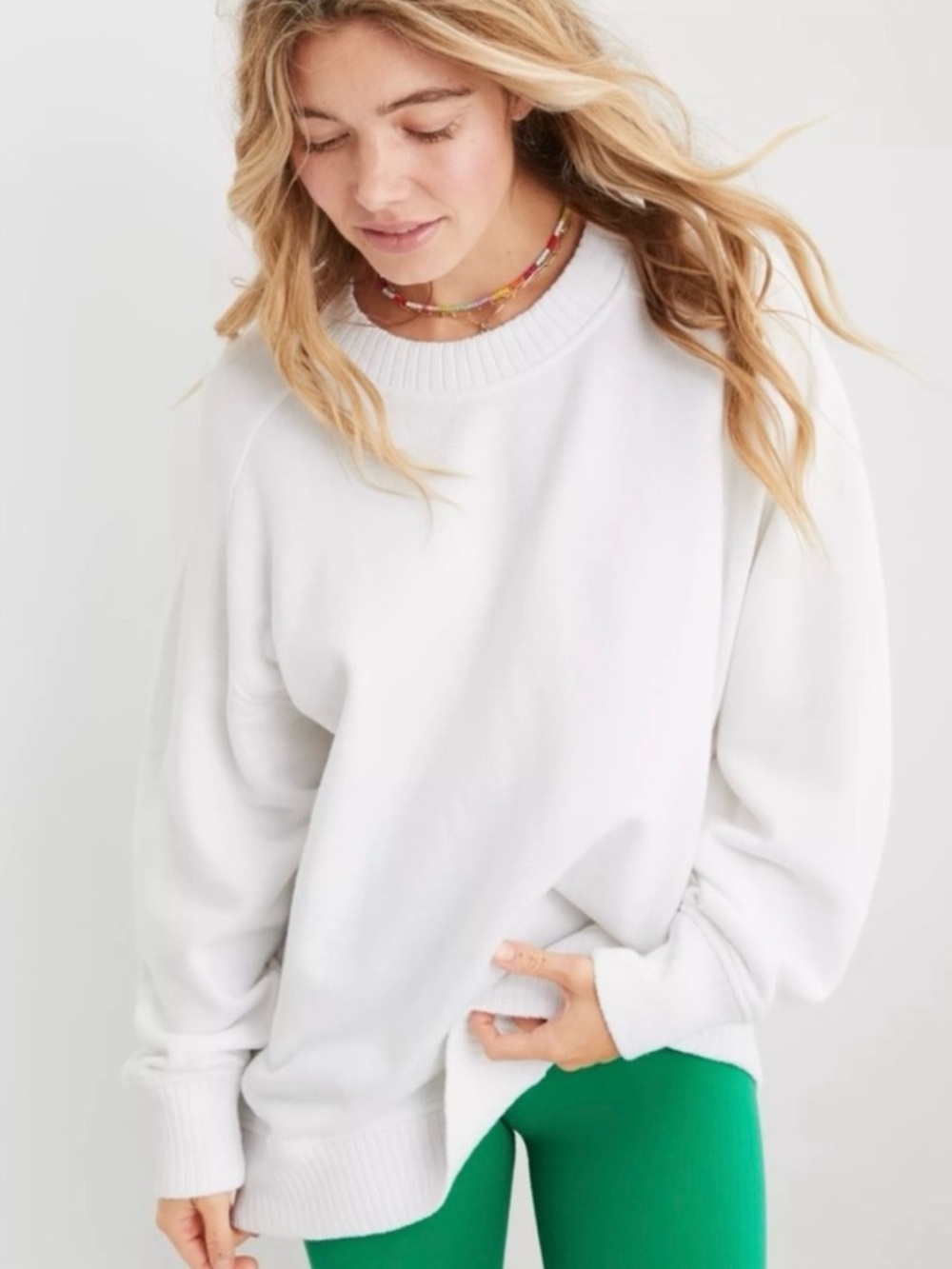Aerie Down-To-Earth Crew Neck Oversized Sweatshirt Pullover White Size XS